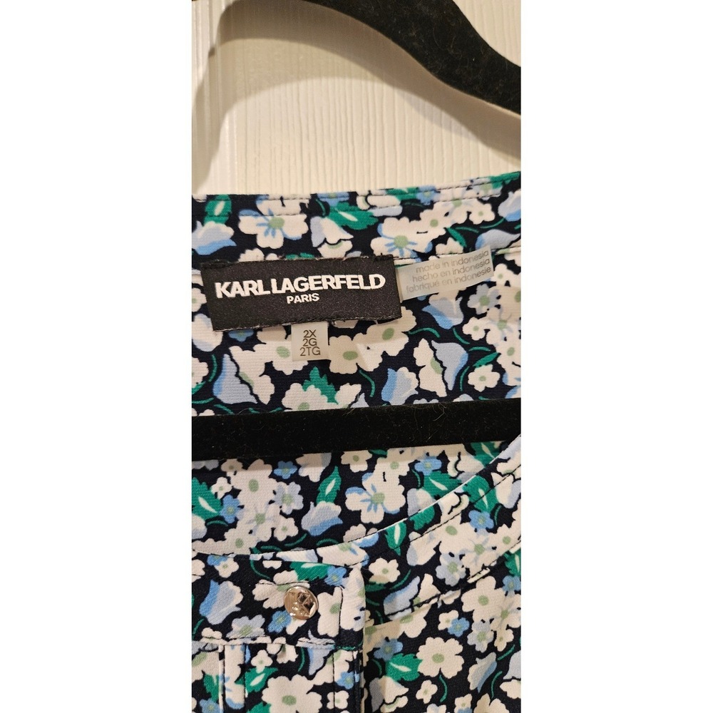 Karl Lagerfeld Paris Floral Blouse Womens 2X Black Blue Green Stretch Career Top - Picture 2 of 7
